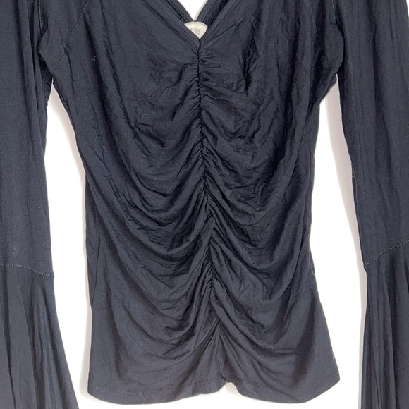 FREE PEOPLE black V-neck gathered front long bell sleeve top shirt - Picture 9 of 12
